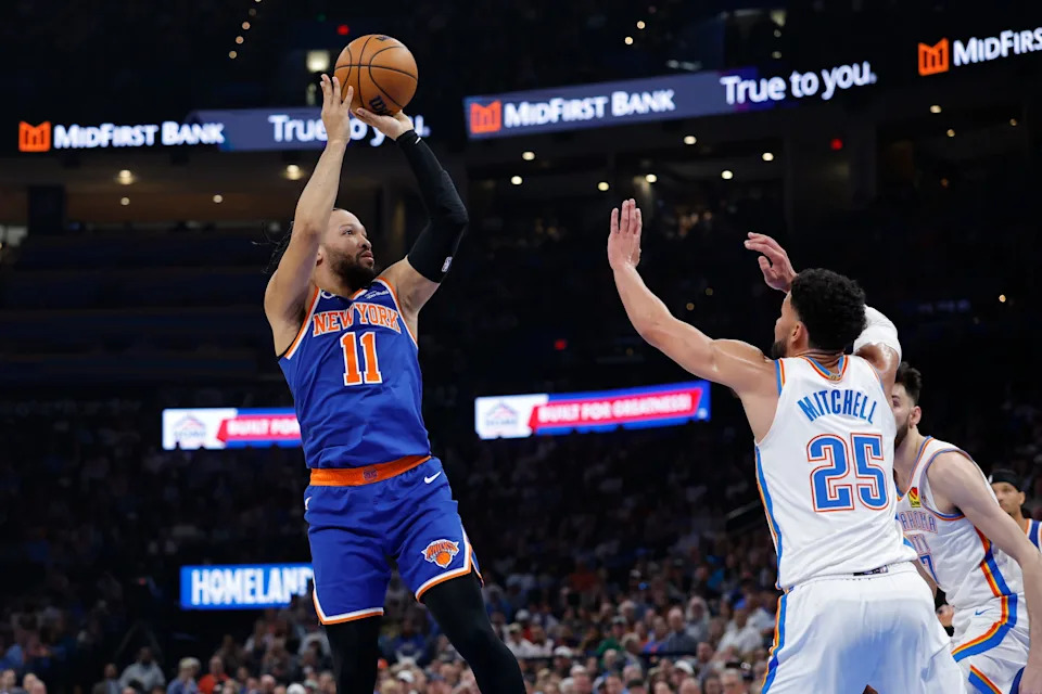 Mar 29, 2026; Oklahoma City, Oklahoma, USA; New York Knicks guard Jalen Brunson (11) shoots over Oklahoma City Thunder guard Ajay Mitchell (25) during the first half at Paycom Center. Mandatory Credit: Alonzo Adams-Imagn Images