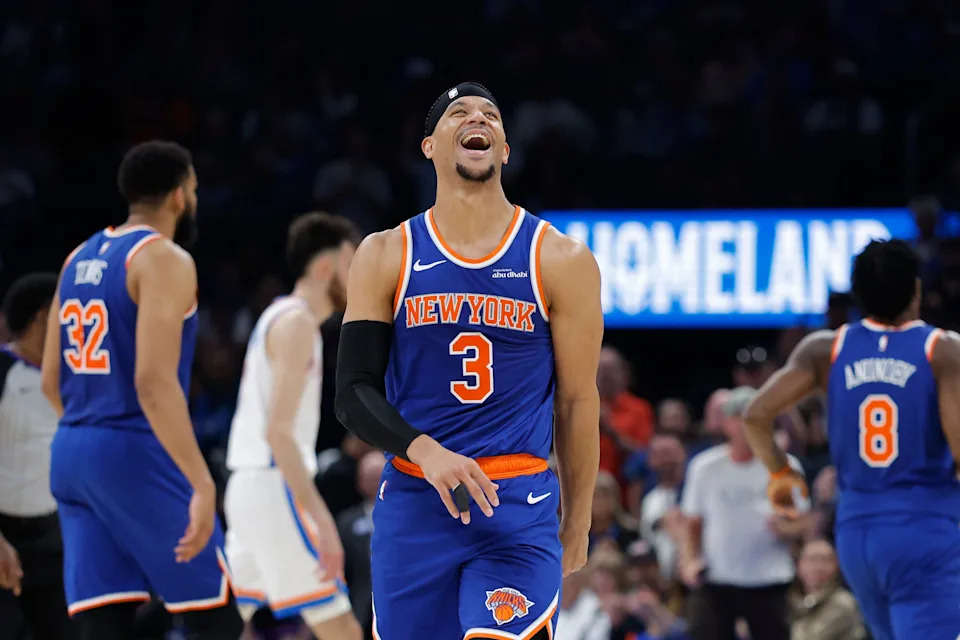 Mar 29, 2026; Oklahoma City, Oklahoma, USA; New York Knicks guard Josh Hart (3) reacts after a foul is called against him during the second half against the Oklahoma City Thunder at Paycom Center. Mandatory Credit: Alonzo Adams-Imagn Images