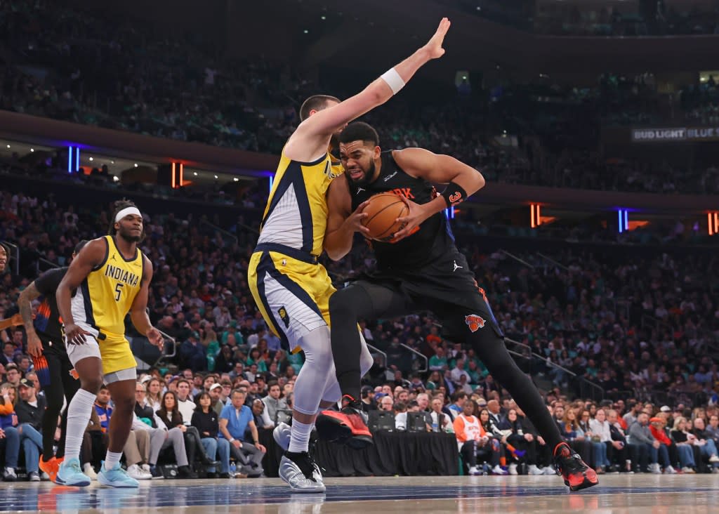Karl-Anthony Towns drives on Ivica Zubac during the Knicks’ blowout win over the Pacers on March 17, 2026 at the Garden. Charles Wenzelberg / New York Post