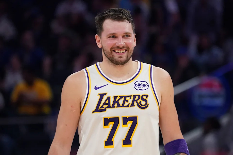 Feb 28, 2026; San Francisco, California, USA; Los Angeles Lakers forward/guard Luka Doncic (77) smiles during a break in the action against the Golden State Warriors in the third period at Chase Center. Mandatory Credit: David Gonzales-Imagn Images