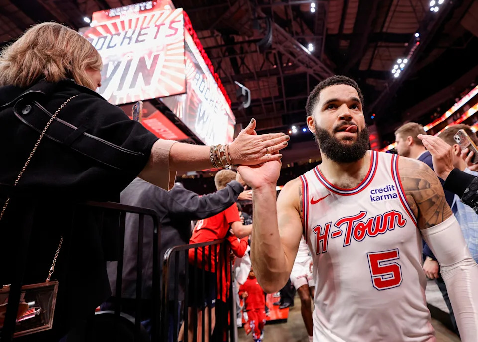 HOUSTON, TEXAS - NOVEMBER 10: Fred VanVleet #5 of the Houston Rockets high fives fans after defeating the New Orleans Pelicans 104- 101 at Toyota Center on November 10, 2023 in Houston, Texas. NOTE TO USER: User expressly acknowledges and agrees that, by downloading and or using this photograph, User is consenting to the terms and conditions of the Getty Images License Agreement.Â  (Photo by Carmen Mandato/Getty Images)