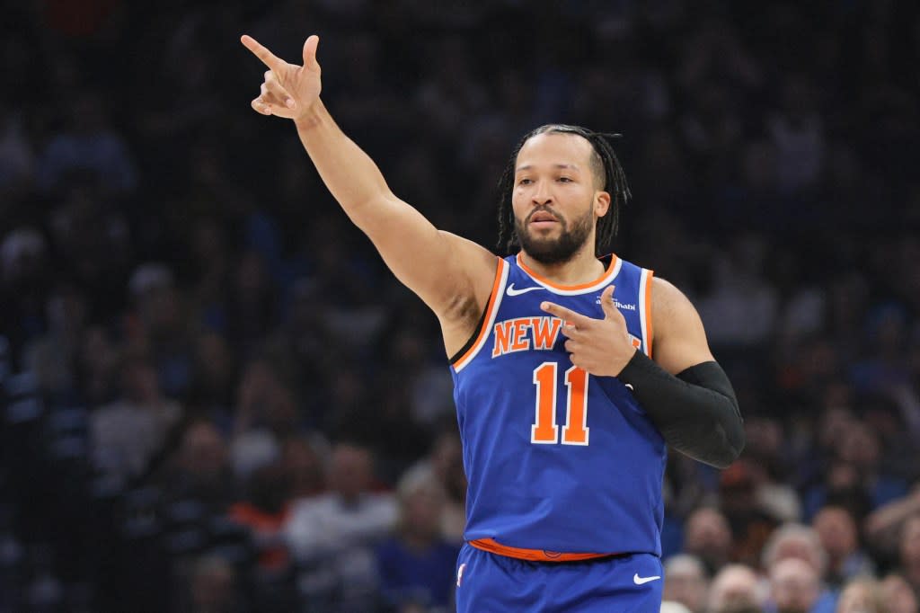 Jalen Brunson gestures after making a basket during the first half of an NBA basketball game against the Oklahoma City Thunder, Sunday, March 29, 2026, in Oklahoma City. AP