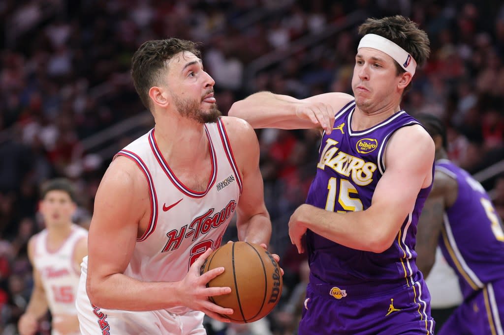Alperen Sengun of the Houston Rockets works against Austin Reaves of the Los Angeles Lakers during the second half at Toyota Center on March 18, 2026 in Houston, Texas. (Photo by Alex Slitz/Getty Images) Getty Images