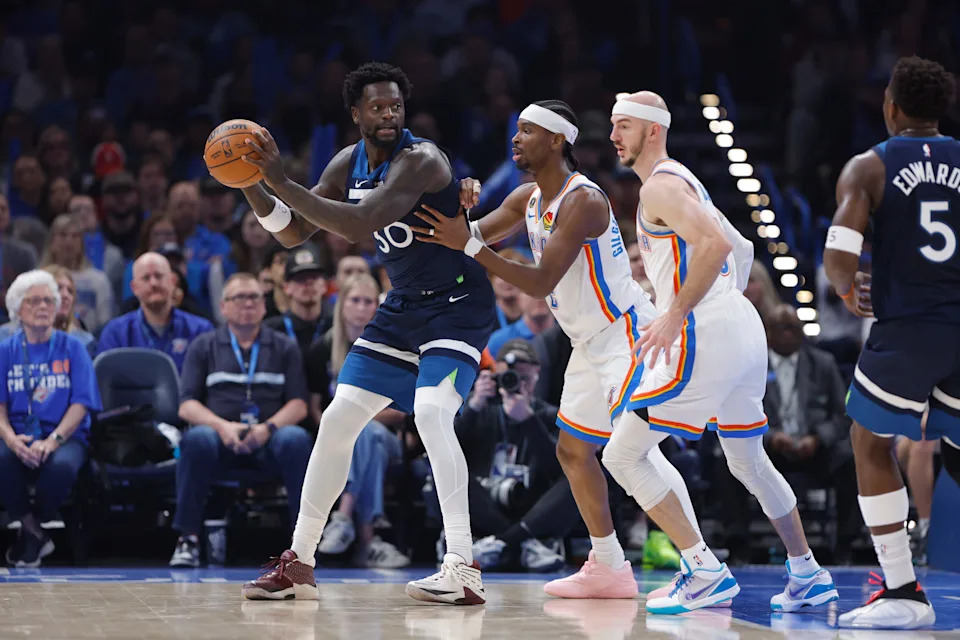 Mar 15, 2026; Oklahoma City, Oklahoma, USA; Minnesota Timberwolves forward/center Julius Randle (30) drives against Oklahoma City Thunder guard Shai Gilgeous-Alexander (2) during the first half at Paycom Center. Mandatory Credit: Alonzo Adams-Imagn Images