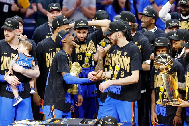 Jun 22, 2025; Oklahoma City, Oklahoma, USA; Oklahoma City Thunder guard Shai Gilgeous-Alexander (2) celebrates with Oklahoma City Thunder forward Chet Holmgren (7) after winning game seven of the 2025 NBA Finals against the Indiana Pacers at Paycom Center. Mandatory Credit: Alonzo Adams-Imagn Images