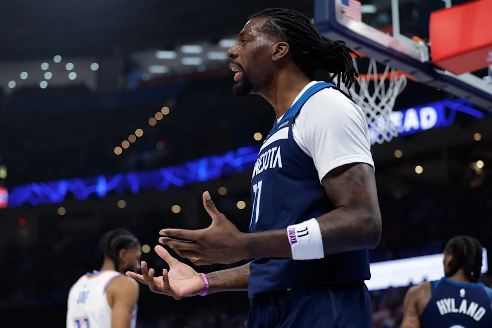 Mar 15, 2026; Oklahoma City, Oklahoma, USA; Minnesota Timberwolves center/forward Naz Reid (11) reacts after a call against him during a play against the Oklahoma City Thunder during the first half at Paycom Center. Mandatory Credit: Alonzo Adams-Imagn Images
