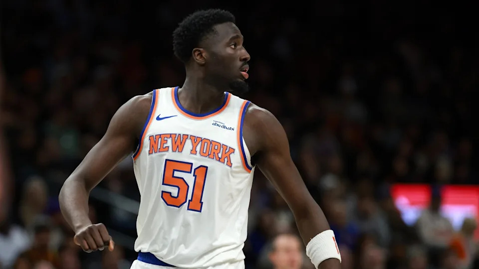 Jan 9, 2026; Phoenix, Arizona, USA; New York Knicks forward Mohamed Diawara (51) against the Phoenix Suns at Mortgage Matchup Center.
