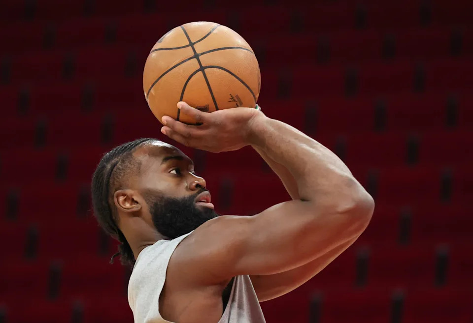 Jan 21, 2024; Houston, Texas, USA; Boston Celtics guard Jaylen Brown (7) warms up before playing against the Houston Rockets at Toyota Center. Mandatory Credit: Thomas Shea-USA TODAY Sports