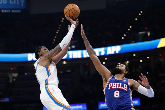 Dec 28, 2025; Oklahoma City, Oklahoma, USA; Oklahoma City Thunder guard Jalen Williams (8) shoots as Philadelphia 76ers forward Paul George (8) defends during the second half at Paycom Center. Mandatory Credit: Alonzo Adams-Imagn Images
