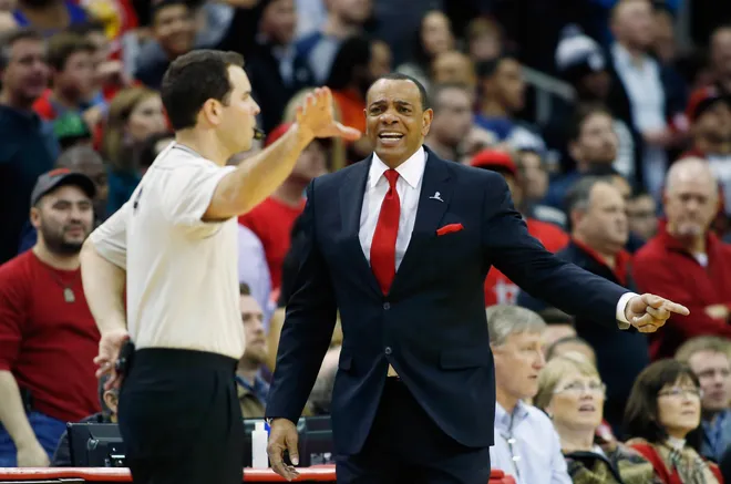 HOUSTON, TX - FEBRUARY 27: Head coach Lionel Hollins of the Brooklyn Nets argues a call with NBA official Brian Forte during their game against the Houston Rockets at the Toyota Center on February 27, 2015 in Houston, Texas. NOTE TO USER: User expressly acknowledges and agrees that, by downloading and/or using this photograph, user is consenting to the terms and conditions of the Getty Images License Agreement. (Photo by Scott Halleran/Getty Images)