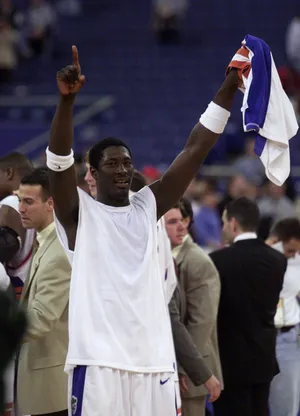 1 Apr 2000: Donnell Harvey #4 of Florida celebrates after defeating North Carolina during the semifinal round of the NCAA Final Four at the RCA Dome in Indianapolis, Indiana. Florida won the game 71-59, advancing to the final game Monday against Michigan State. DIGITAL IMAGE Mandatory Credit: Jed Jacobsohn/ALLSPORT