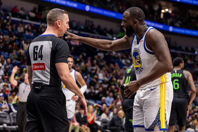 Feb 24, 2026; New Orleans, Louisiana, USA; Golden State Warriors forward Draymond Green (23) reacts to a play against the New Orleans Pelicans during the first half at Smoothie King Center. Mandatory Credit: Stephen Lew-Imagn Images