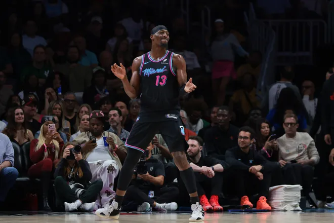 Feb 28, 2026; Miami, Florida, USA; Miami Heat center Bam Adebayo (13) reacts against the Houston Rockets during the second quarter at Kaseya Center. Mandatory Credit: Sam Navarro-Imagn Images