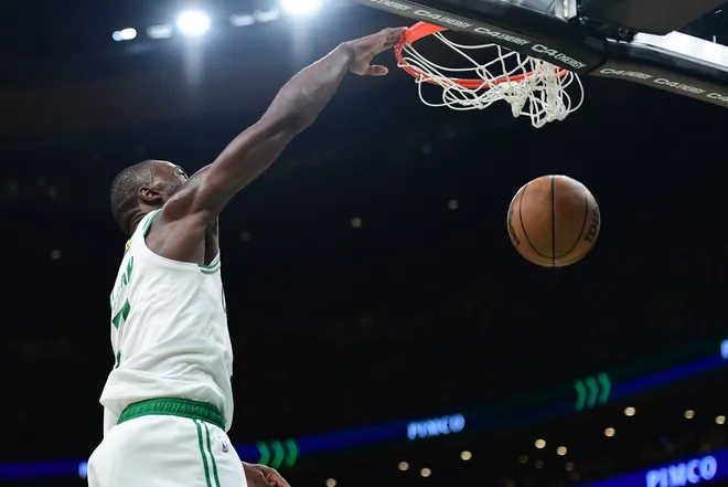 Feb 27, 2026; Boston, Massachusetts, USA; Boston Celtics guard Jaylen Brown (7) dunks the ball during the second half against the Brooklyn Nets at TD Garden. Mandatory Credit: Bob DeChiara-Imagn Images