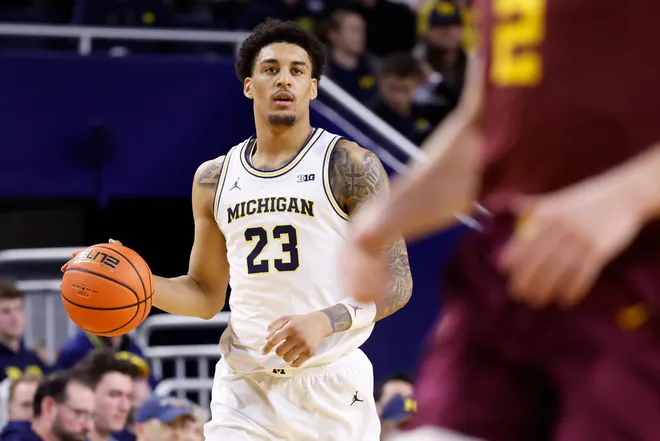 Feb 24, 2026; Ann Arbor, Michigan, USA; Michigan Wolverines forward Yaxel Lendeborg (23) dribbles in the first half against the Minnesota Golden Gophers at Crisler Center. Mandatory Credit: Rick Osentoski-Imagn Images