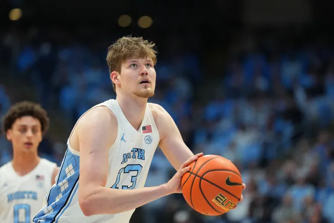 Jan 21, 2026; Chapel Hill, North Carolina, USA; North Carolina Tar Heels center Henri Veesaar (13) at the free throw line in the second half at Dean E. Smith Center. Mandatory Credit: Bob Donnan-Imagn Images