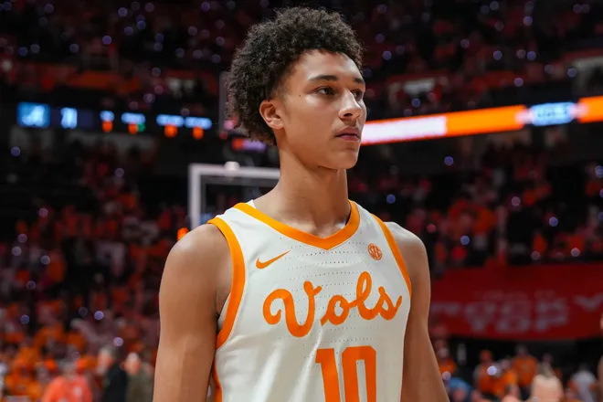 Tennessee forward Nate Ament (10) walks off the court after losing a NCAA basketball game between Tennessee and Alabama at Thompson-Boling Arena at Food City Center in Knoxville, Tenn., on Feb. 28, 2026.