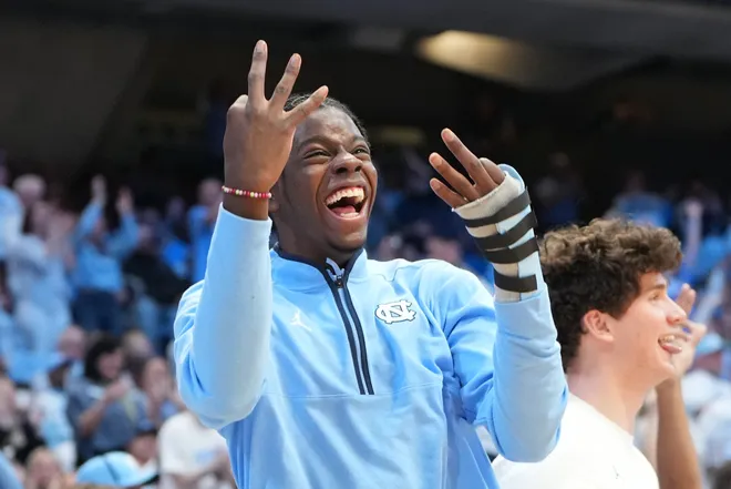 Feb 23, 2026; Chapel Hill, North Carolina, USA; North Carolina Tar Heels forward Caleb Wilson (8) reacts after a three point shot in the second half at Dean E. Smith Center. Mandatory Credit: Bob Donnan-Imagn Images