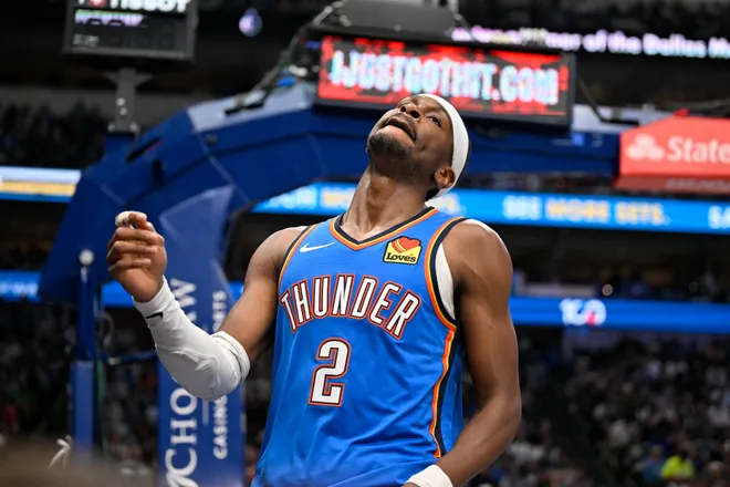 Mar 1, 2026; Dallas, Texas, USA; Oklahoma City Thunder guard Shai Gilgeous-Alexander (2) reacts to a foul call during the second half against the Dallas Mavericks at the American Airlines Center. Mandatory Credit: Jerome Miron-Imagn Images