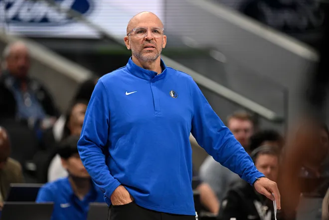 Mar 1, 2026; Dallas, Texas, USA; Dallas Mavericks head coach Jason Kidd looks on during the second half against the Oklahoma City Thunder at the American Airlines Center. Mandatory Credit: Jerome Miron-Imagn Images