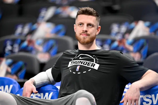 Mar 1, 2026; Dallas, Texas, USA; Oklahoma City Thunder center Isaiah Hartenstein (55) warms up before the game against the Dallas Mavericks at the American Airlines Center. Mandatory Credit: Jerome Miron-Imagn Images