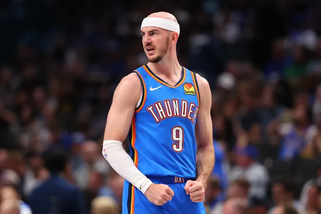 DALLAS, TEXAS - MARCH 01: Alex Caruso #9 of the Oklahoma City Thunder reacts during the fourth quarter of the game against the Dallas Mavericks at American Airlines Center on March 01, 2026 in Dallas, Texas. NOTE TO USER: User expressly acknowledges and agrees that, by downloading and or using this photograph, user is consenting to the terms and conditions of the Getty Images License Agreement. (Photo by Sam Hodde/Getty Images)