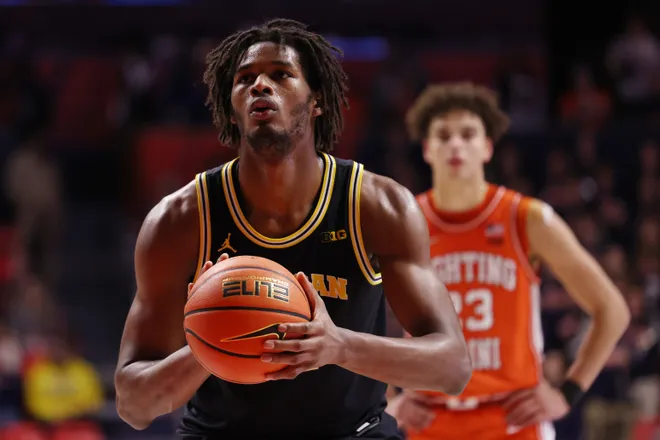 CHAMPAIGN, ILLINOIS - FEBRUARY 27: Morez Johnson Jr. #21 of the Michigan Wolverines shoots the ball during the second half against the Illinois Fighting Illini at State Farm Center on February 27, 2026 in Champaign, Illinois. (Photo by Geoff Stellfox/Getty Images)