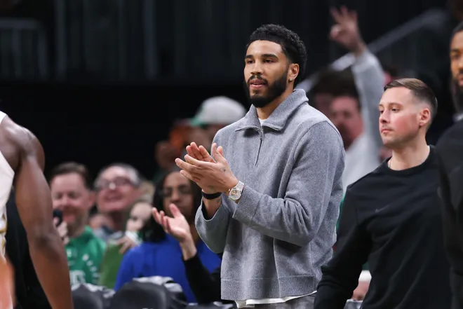 Mar 1, 2026; Boston, Massachusetts, USA; Boston Celtics forward Jayson Tatum (0) reacts during the first half against the Philadelphia 76ers at TD Garden. Mandatory Credit: Paul Rutherford-Imagn Images