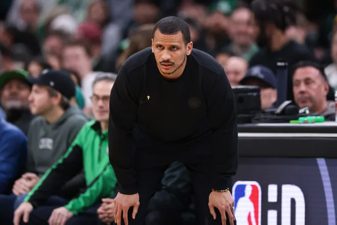 Mar 1, 2026; Boston, Massachusetts, USA; Boston Celtics head coach Joe Mazzulla reacts during the first half against the Philadelphia 76ers at TD Garden. Mandatory Credit: Paul Rutherford-Imagn Images
