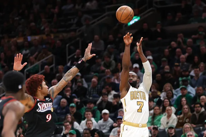 Mar 1, 2026; Boston, Massachusetts, USA; Boston Celtics forward Jaylen Brown (7) shoots during the second half against the Philadelphia 76ers at TD Garden. Mandatory Credit: Paul Rutherford-Imagn Images
