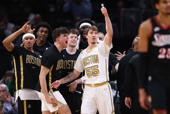 Mar 1, 2026; Boston, Massachusetts, USA; Boston Celtics guard Baylor Scheierman (55) reacts during the first half against the Philadelphia 76ers at TD Garden. Mandatory Credit: Paul Rutherford-Imagn Images