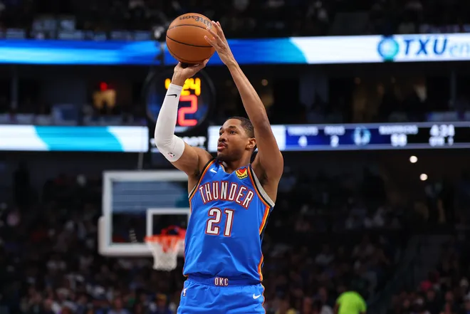 DALLAS, TEXAS - MARCH 01: Aaron Wiggins #21 of the Oklahoma City Thunder shoots during the third quarter against the Dallas Mavericks at American Airlines Center on March 01, 2026 in Dallas, Texas. NOTE TO USER: User expressly acknowledges and agrees that, by downloading and or using this photograph, user is consenting to the terms and conditions of the Getty Images License Agreement. (Photo by Sam Hodde/Getty Images)