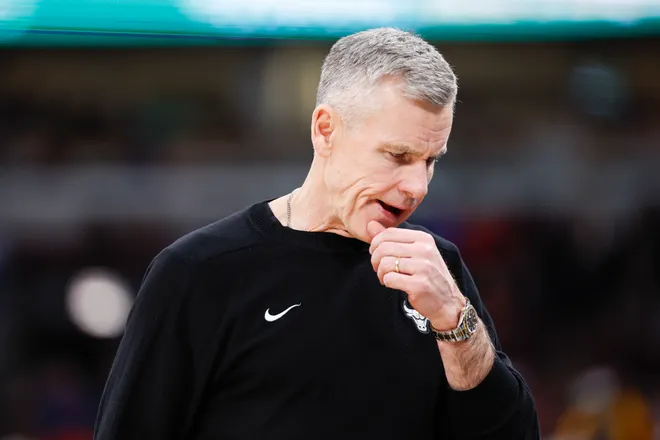 Mar 3, 2026; Chicago, Illinois, USA; Chicago Bulls head coach Billy Donovan reacts during the second half of an NBA game against the Oklahoma City Thunder at United Center. Mandatory Credit: Kamil Krzaczynski-Imagn Images