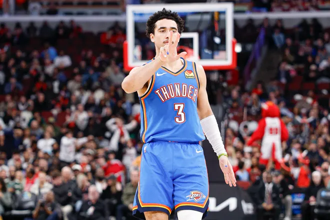 Mar 3, 2026; Chicago, Illinois, USA; Oklahoma City Thunder guard Jared McCain (3) reacts after scoring a three-pointer against the Chicago Bulls during the second half at United Center. Mandatory Credit: Kamil Krzaczynski-Imagn Images