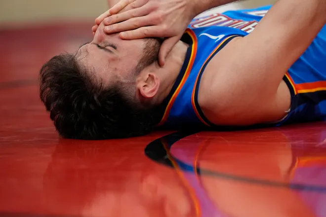 CHICAGO, ILLINOIS - MARCH 03: Chet Holmgren #7 of the Oklahoma City Thunder reacts after a play during the third quarter against the Chicago Bulls at the United Center on March 03, 2026 in Chicago, Illinois. NOTE TO USER: User expressly acknowledges and agrees that, by downloading and or using this photograph, User is consenting to the terms and conditions of the Getty Images License Agreement. (Photo by Patrick McDermott/Getty Images)
