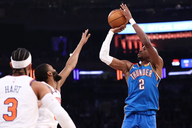 Mar 4, 2026; New York, New York, USA; Oklahoma City Thunder guard Shai Gilgeous-Alexander (2) shoots the ball against the New York Knicks during the first half at Madison Square Garden. Mandatory Credit: Vincent Carchietta-Imagn Images