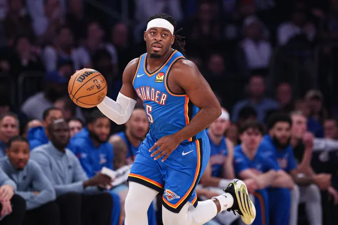 Mar 4, 2026; New York, New York, USA; Oklahoma City Thunder guard Luguentz Dort (5) dribbles up court against the New York Knicks during the first half at Madison Square Garden. Mandatory Credit: Vincent Carchietta-Imagn Images