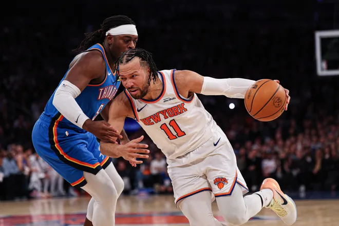 Mar 4, 2026; New York, New York, USA; New York Knicks guard Jalen Brunson (11) before the game against Oklahoma City Thunder guard Luguentz Dort (5) during the second half at Madison Square Garden. Mandatory Credit: Vincent Carchietta-Imagn Images