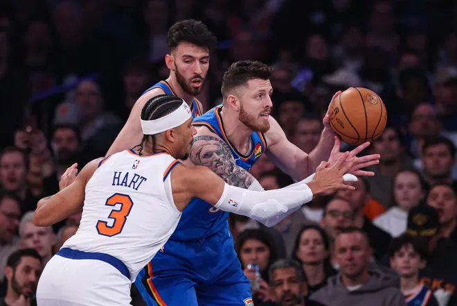 Mar 4, 2026; New York, New York, USA; Oklahoma City Thunder center Isaiah Hartenstein (55) is guarded by New York Knicks guard Josh Hart (3) during the first half at Madison Square Garden. Mandatory Credit: Vincent Carchietta-Imagn Images
