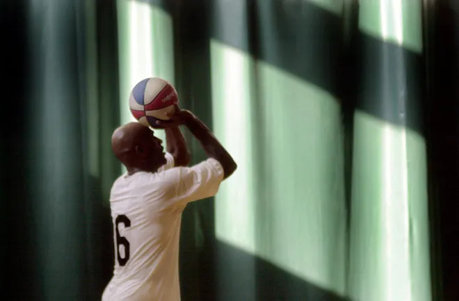 In this 2000 file photo, Ken Barlow shoots during tryouts for the ABA pro basketball team, the Indiana Legends.
3017313