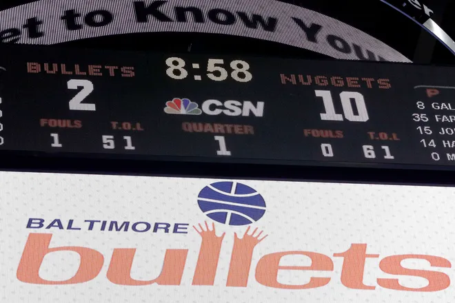 A general view of the scoreboard at Verizon Center, as the Washington Wizards changed their name to the Baltimore Bullets for one game as part of throwback night.