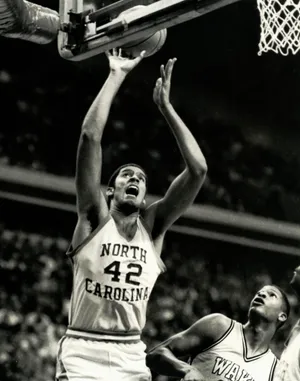 North Carolina Tar Heels center Brad Daugherty in action against the Wake Forest Demon Deacons.
