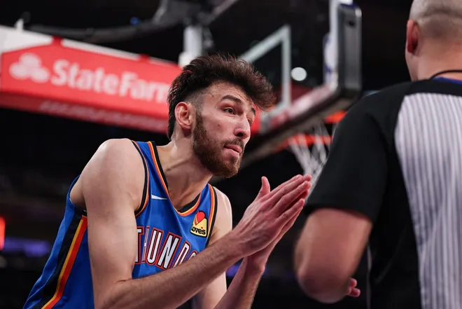 Mar 4, 2026; New York, New York, USA; Oklahoma City Thunder center Chet Holmgren (7) reacts after a call during the second half against the New York Knicks at Madison Square Garden.