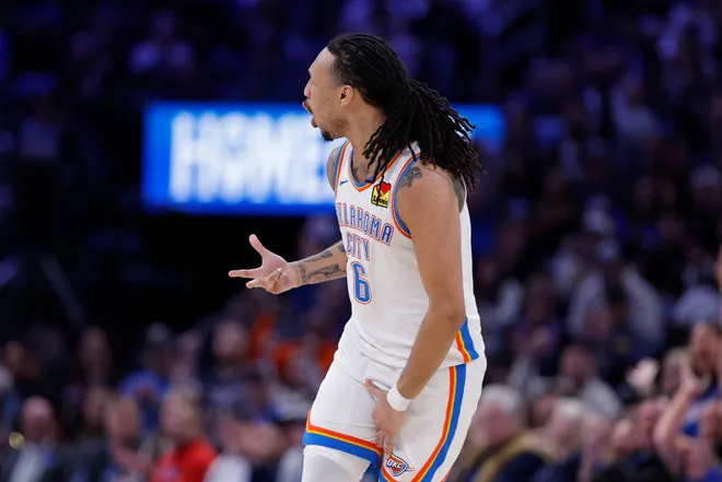 Mar 7, 2026; Oklahoma City, Oklahoma, USA; Oklahoma City Thunder forward Jaylin Williams (6) gestures after scoring against the Golden State Warriors during the second half at Paycom Center. Mandatory Credit: Alonzo Adams-Imagn Images
