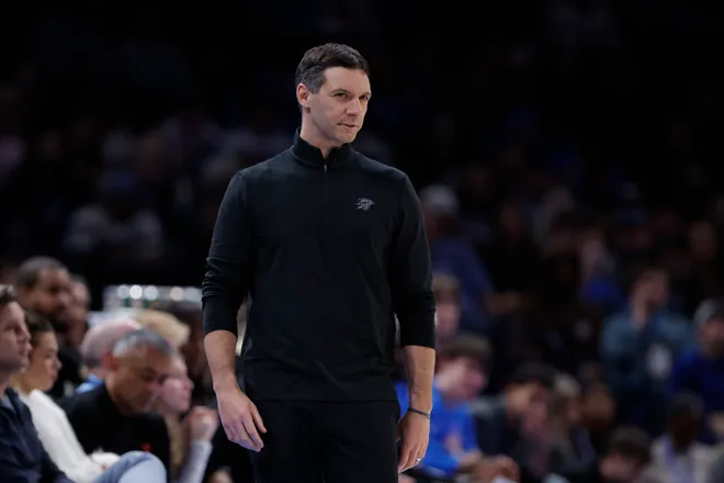 Mar 7, 2026; Oklahoma City, Oklahoma, USA; Oklahoma City Thunder Head Coach Mark Daigneault smiles as he watches his team play against the Golden State Warriors during the second half at Paycom Center. Mandatory Credit: Alonzo Adams-Imagn Images