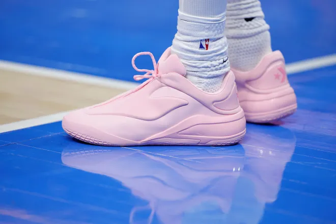 Mar 7, 2026; Oklahoma City, Oklahoma, USA; A close up view of Oklahoma City Thunder guard Shai Gilgeous-Alexander’s shoes during the second half against the Golden State Warriors at Paycom Center. Mandatory Credit: Alonzo Adams-Imagn Images