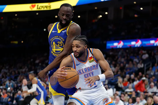 Mar 7, 2026; Oklahoma City, Oklahoma, USA; Oklahoma City Thunder guard Isaiah Joe (11) moves the ball around Golden State Warriors forward Draymond Green (23) during the second half at Paycom Center. Mandatory Credit: Alonzo Adams-Imagn Images