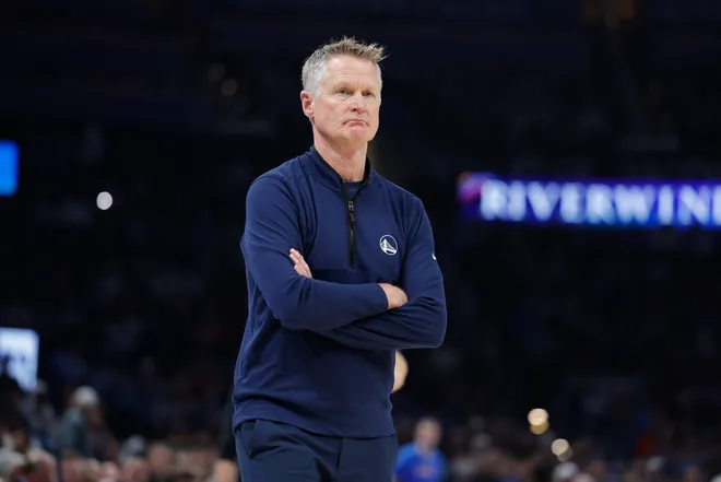 Mar 7, 2026; Oklahoma City, Oklahoma, USA; Golden State Warriors Head Coach Steve Kerr watches his team play against the Oklahoma City Thunder during the first half at Paycom Center. Mandatory Credit: Alonzo Adams-Imagn Images