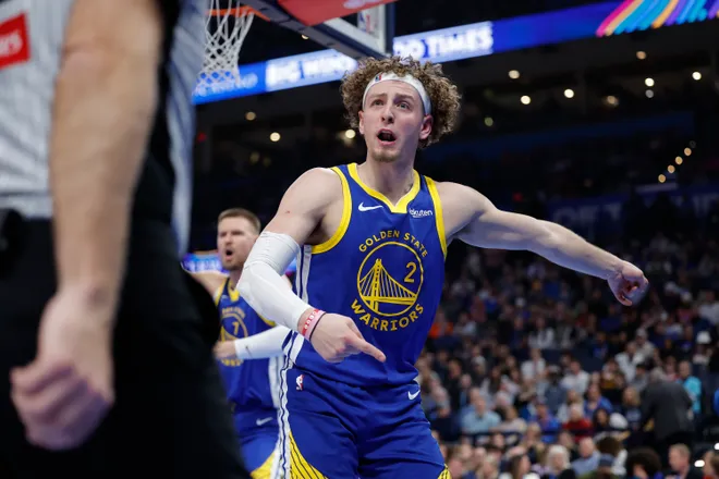Mar 7, 2026; Oklahoma City, Oklahoma, USA; Golden State Warriors guard Brandin Podziemski (2) gestures to an official after a play against the Oklahoma City Thunder during the first half at Paycom Center. Mandatory Credit: Alonzo Adams-Imagn Images