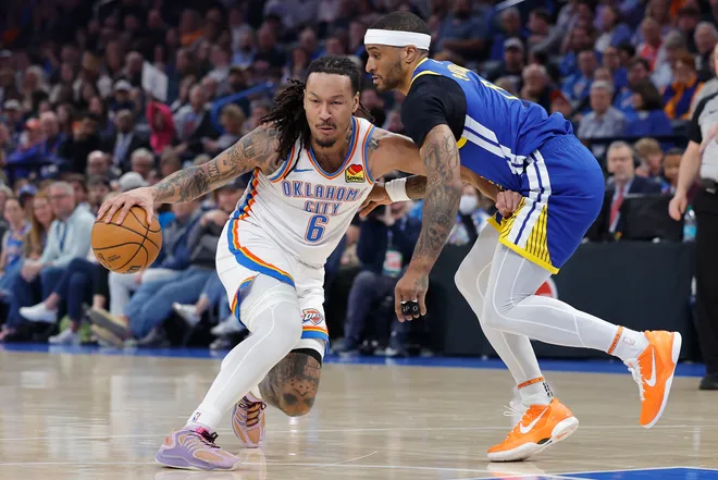 Mar 7, 2026; Oklahoma City, Oklahoma, USA; Oklahoma City Thunder forward Jaylin Williams (6) drives to the basket against Golden State Warriors guard Gary Payton II (0) during the first half at Paycom Center. Mandatory Credit: Alonzo Adams-Imagn Images
